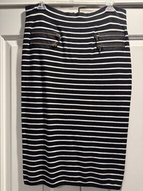 Cache Black and White Striped Pencil Skirt with Zip Accents